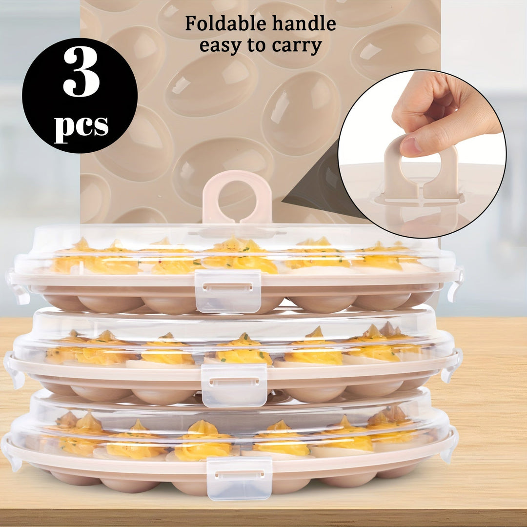 Lisslune | Shindel 3PCS Deviled Egg Platters – Brown Carrier with Lid, Round Tray for 22 Eggs, Perfect Kitchen Home Supplies