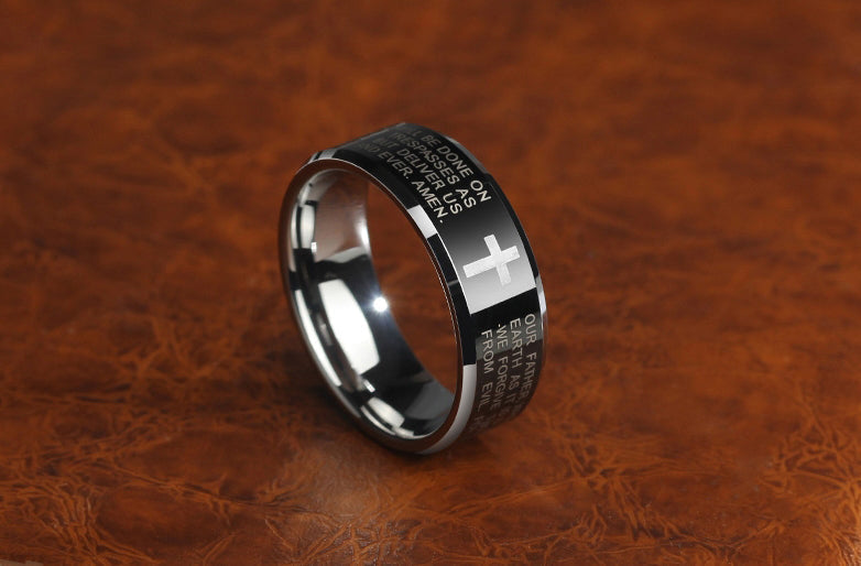 Lisslune | Personality Men's Black Tungsten Alloy Ring with Cross, No Fading, Scratch Resistant & Multiple Polishing