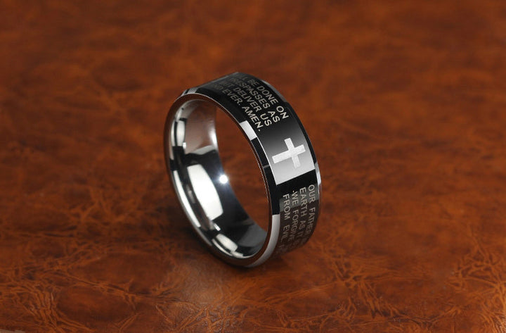 Lisslune | Personality Men's Black Tungsten Alloy Ring with Cross, No Fading, Scratch Resistant & Multiple Polishing