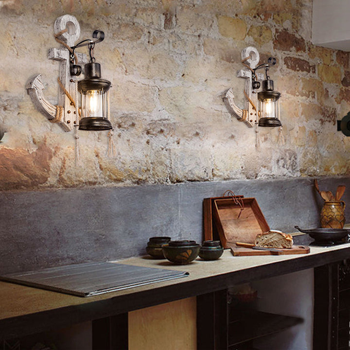 Lisslune | Rustic Wood Anchor Wall Lamp with Lantern