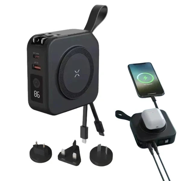 Lisslune | TravelBank | Portable 5-in-1 Wall Charger | Wireless Charging, Power Bank & Multi-Device Charging