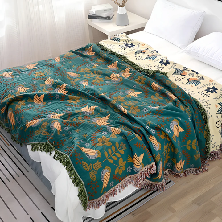 Lisslune | Embroidered Cotton Throw Blanket with Birds and Flowers