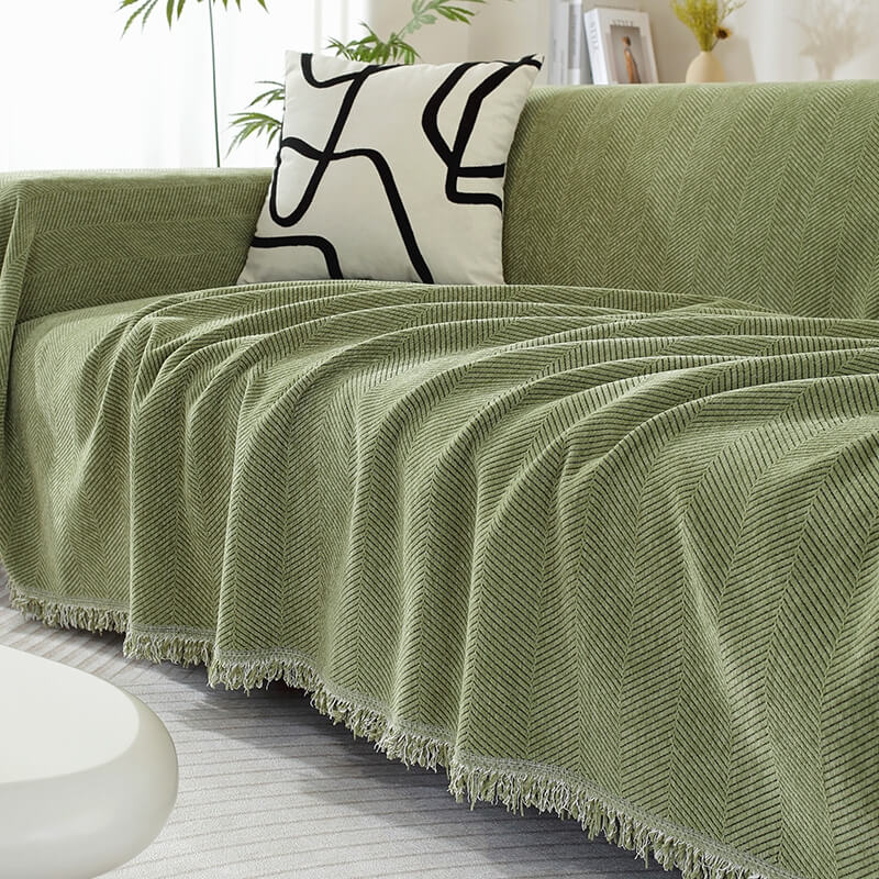 Lisslune | Chenille Blanket Herringbone Tassel Sofa Cover