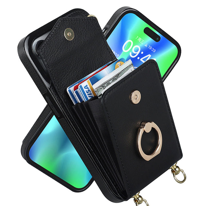 Lisslune | Leather Wallet Case with Ring & Lanyard for iPhone