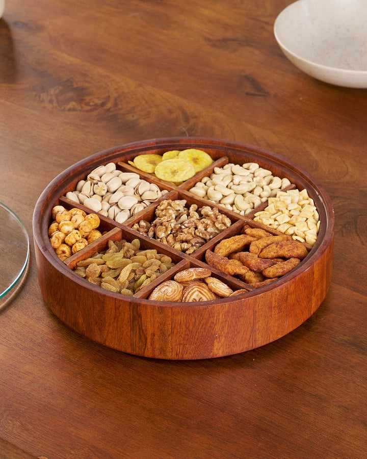 Lisslune | BambooSpin – 9-Compartment Serving Tray with Rotating Lid | Premium Bamboo Snack Platter