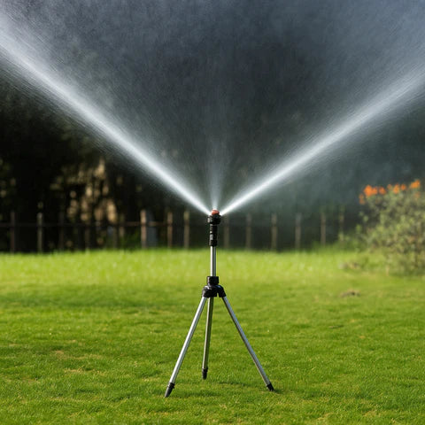 Lisslune | High-Pressure Rotating Tripod Sprinkler | 360° Coverage, Adjustable Height & Quick Setup for Garden Care and Summer Fun