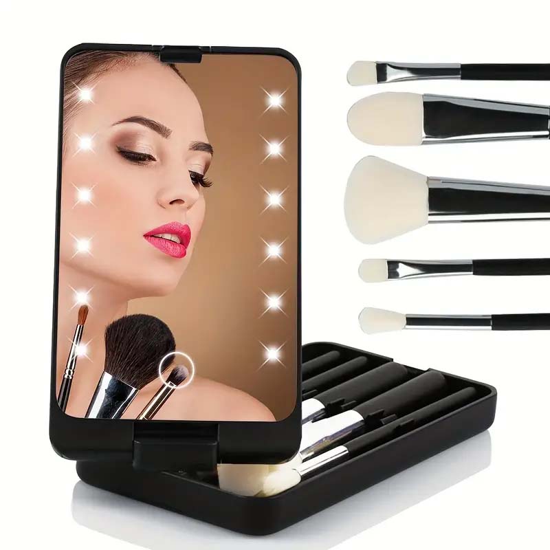Lisslune | Travel makeup brush set with LED light mirror