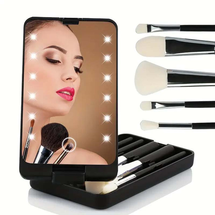 Lisslune | Travel makeup brush set with LED light mirror