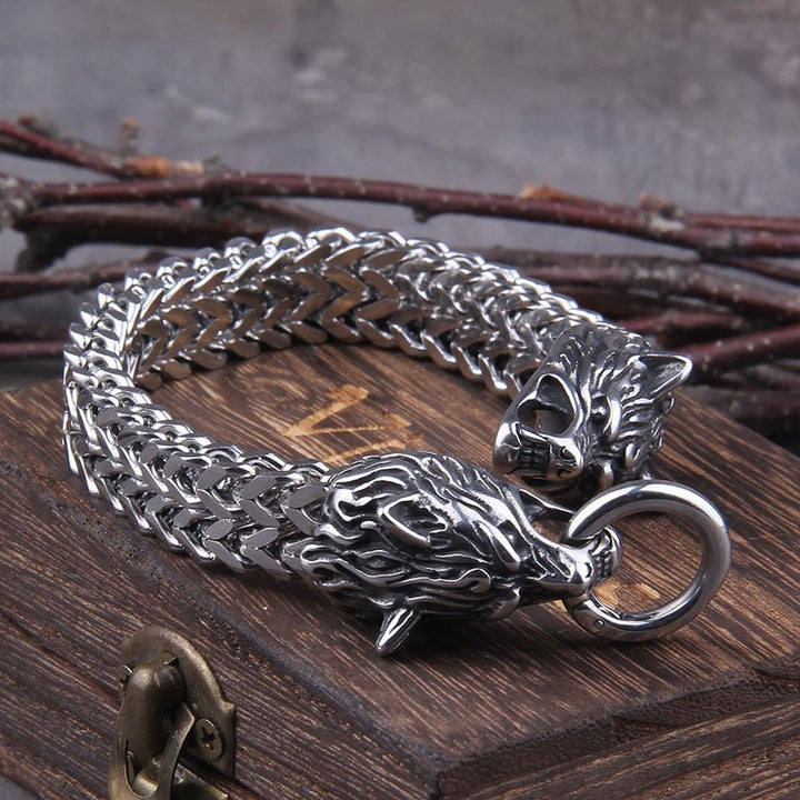 Lisslune | Viking Stainless Steel Double Wolf Head Fenrir Bracelet