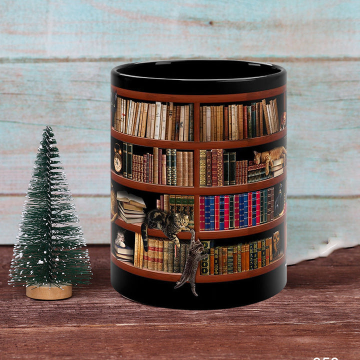 Lisslune | Bookshelf Ceramic Coffee Mug - Gift for Cat Book Lovers