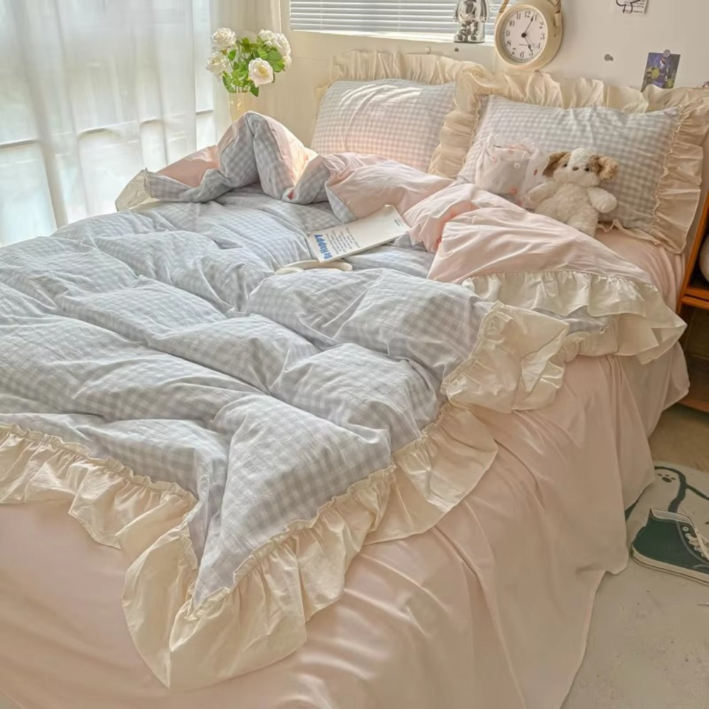 Lisslune | Gingham Check Ruffled Edges Bedding Set