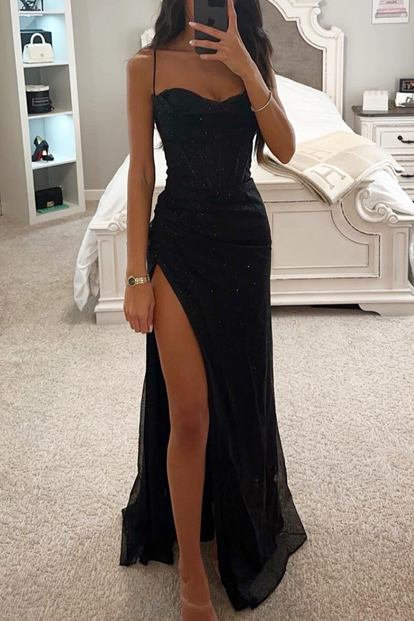 Lisslune | Romantic Maxi Dress with Sequins, Waterfall Neckline, Corset and Slit