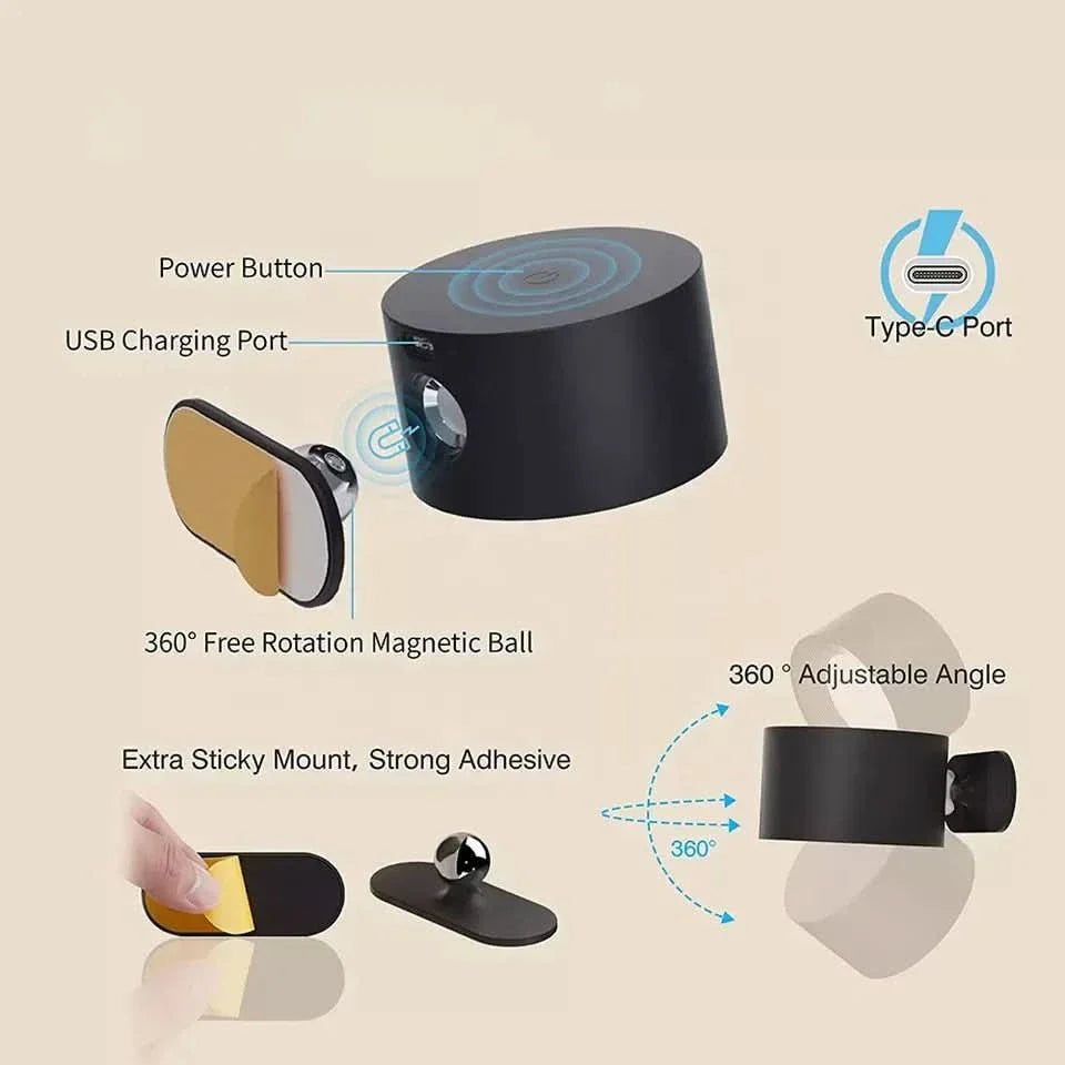 Lisslune | 360° Wall Lamp – Wireless, USB rechargeable & 3 brightness levels for flexible lighting