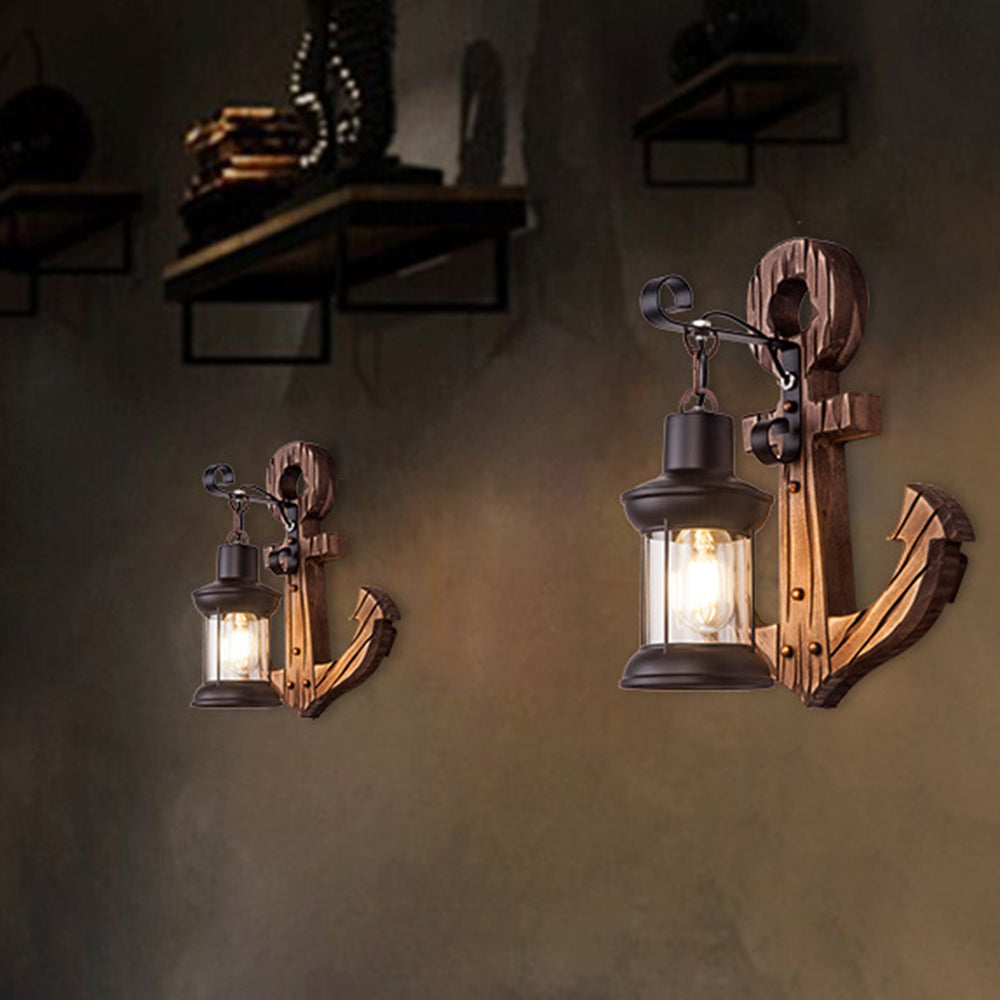 Lisslune | Rustic Wood Anchor Wall Lamp with Lantern