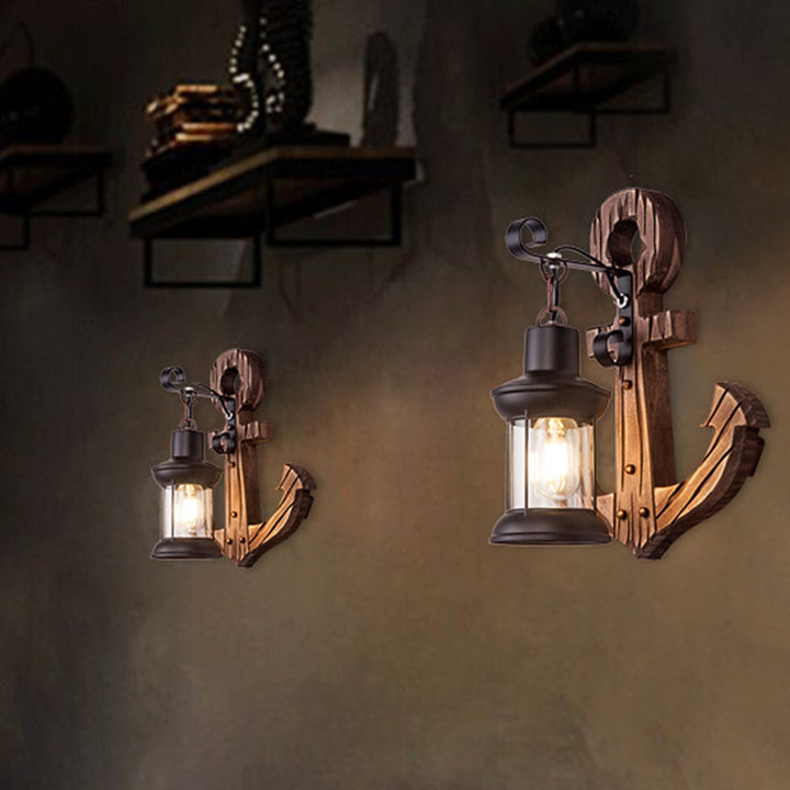 Lisslune | Rustic Wood Anchor Wall Lamp with Lantern
