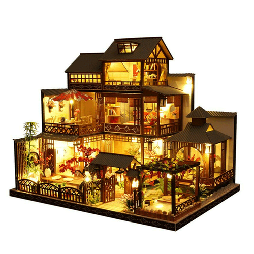 Lisslune | Large Realistic Wooden Dollhouse with LED Lights | DIY Miniature Playhouse