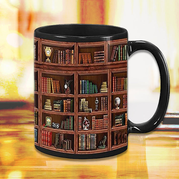 Lisslune | Bookshelf Ceramic Coffee Mug - Gift for Cat Book Lovers