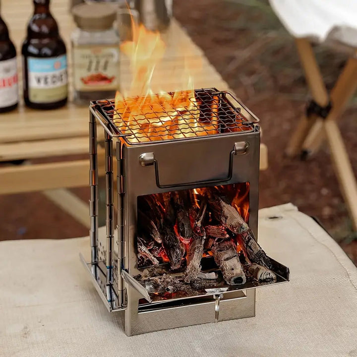Lisslune | Outdoor Folding Wood Stove Mini Stainless Steel Grill Camping Picnic