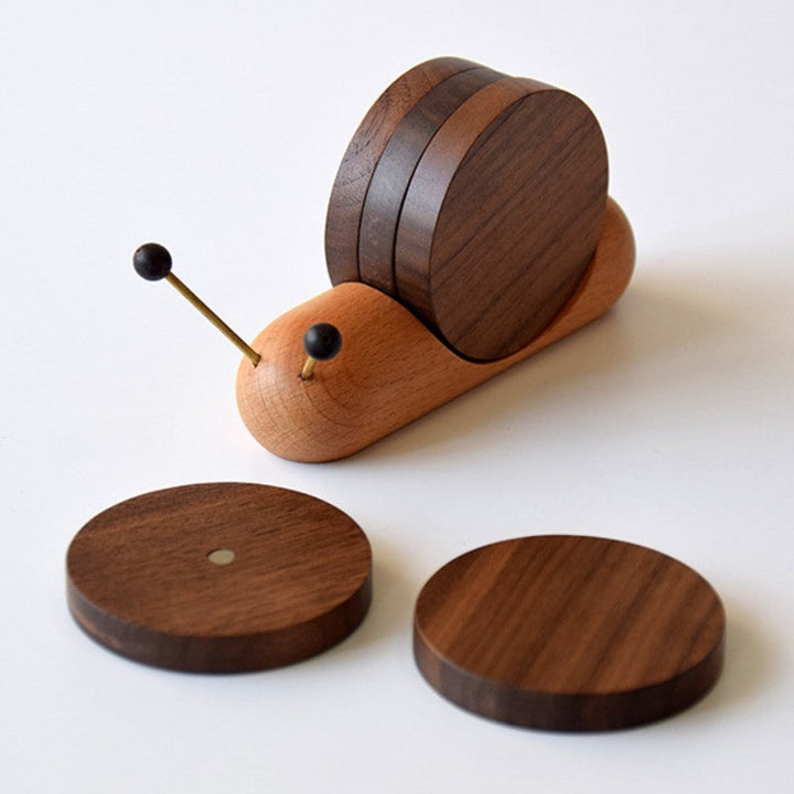 Lisslune | Cute Wood Cup Coaster, with 5 Pieces and Snail-shaped Holder, for Cup, Mug, Bowl & More
