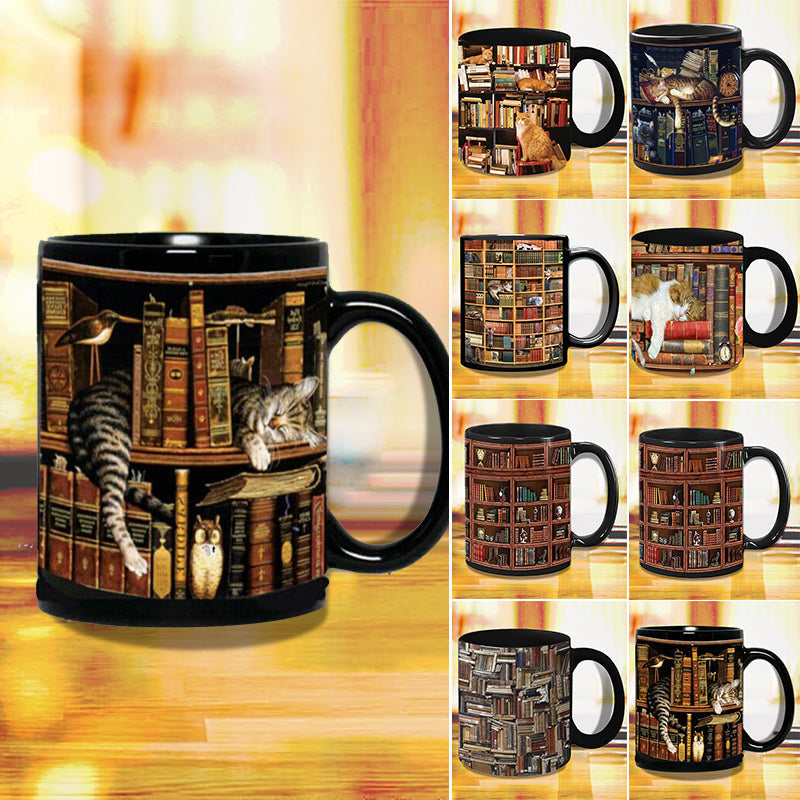Lisslune | Bookshelf Ceramic Coffee Mug - Gift for Cat Book Lovers