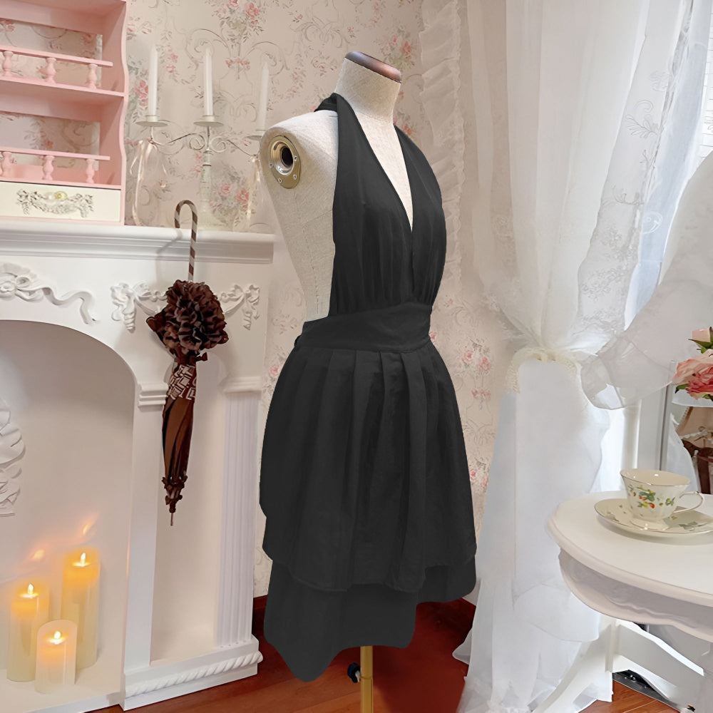 Lisslune | V-Neck Halter Black Tie-Back Apron
