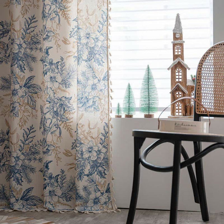 Lisslune | Farmhouse Botanical Blue Floral Curtain