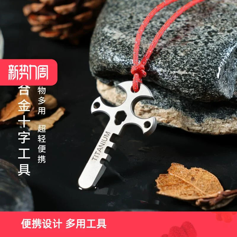 Lisslune | Titanium Cross Multi-Tool Keychain - Portable Pry Bar, Bottle Opener & Serrated Necklace