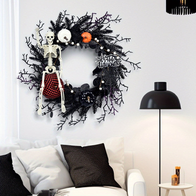 Lisslune | Halloween Door Wreath with Skeleton and Pumpkin – Atmospheric Seasonal Decoration