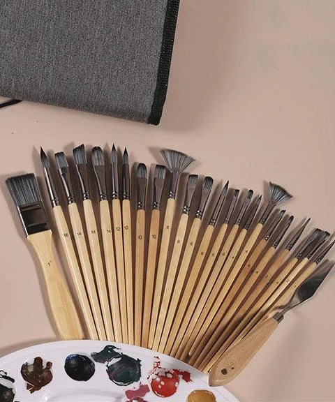 Lisslune | Professional Art Brushes with Natural Wood Handles Set of 24