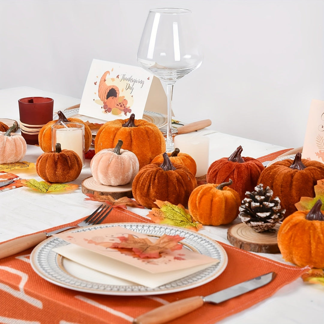 Lisslune | Autumn Decoration Pumpkin Set – 12 Pieces Artificial Pumpkins with Velvet Finish