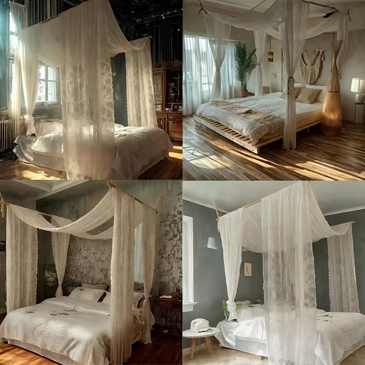 Lisslune | [2-Panel Luxus Baldachin] 2-Panel Durchsichtiger Luxus Weißer Baldachin Bettvorhänge | Elegante Spitze Für Voll-/Königin Bett | Kein Pole
