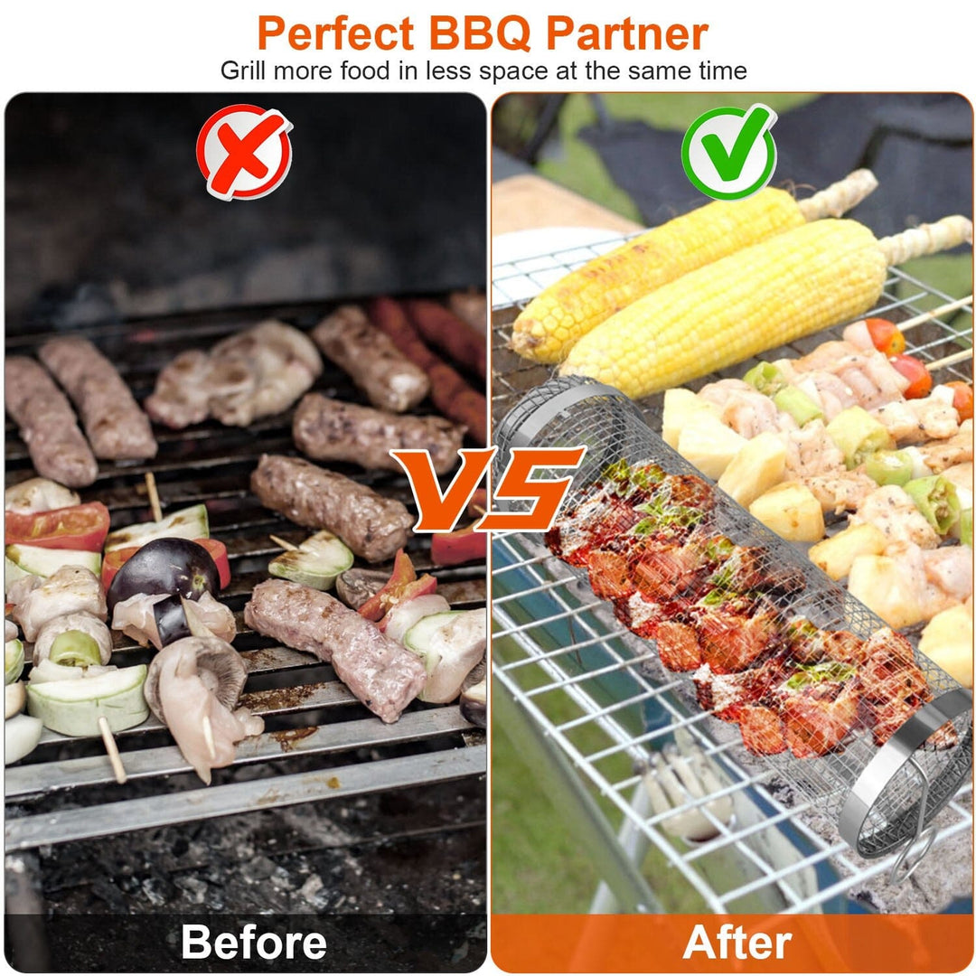 Lisslune | 2-piece: Portable BBQ Rolling Basket Round Stainless Steel Grill