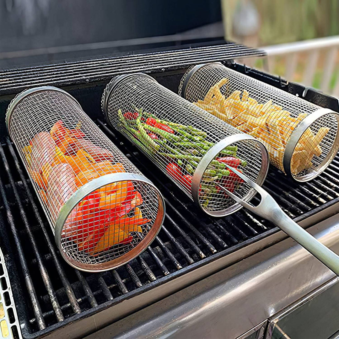 Lisslune | 2-piece: Portable BBQ Rolling Basket Round Stainless Steel Grill
