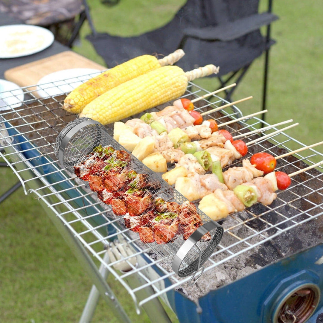 Lisslune | 2-piece: Portable BBQ Rolling Basket Round Stainless Steel Grill