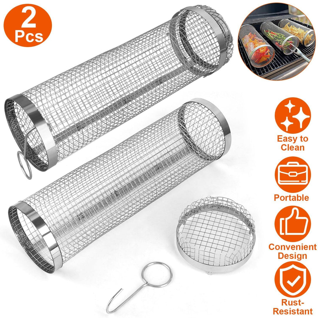 Lisslune | 2-piece: Portable BBQ Rolling Basket Round Stainless Steel Grill