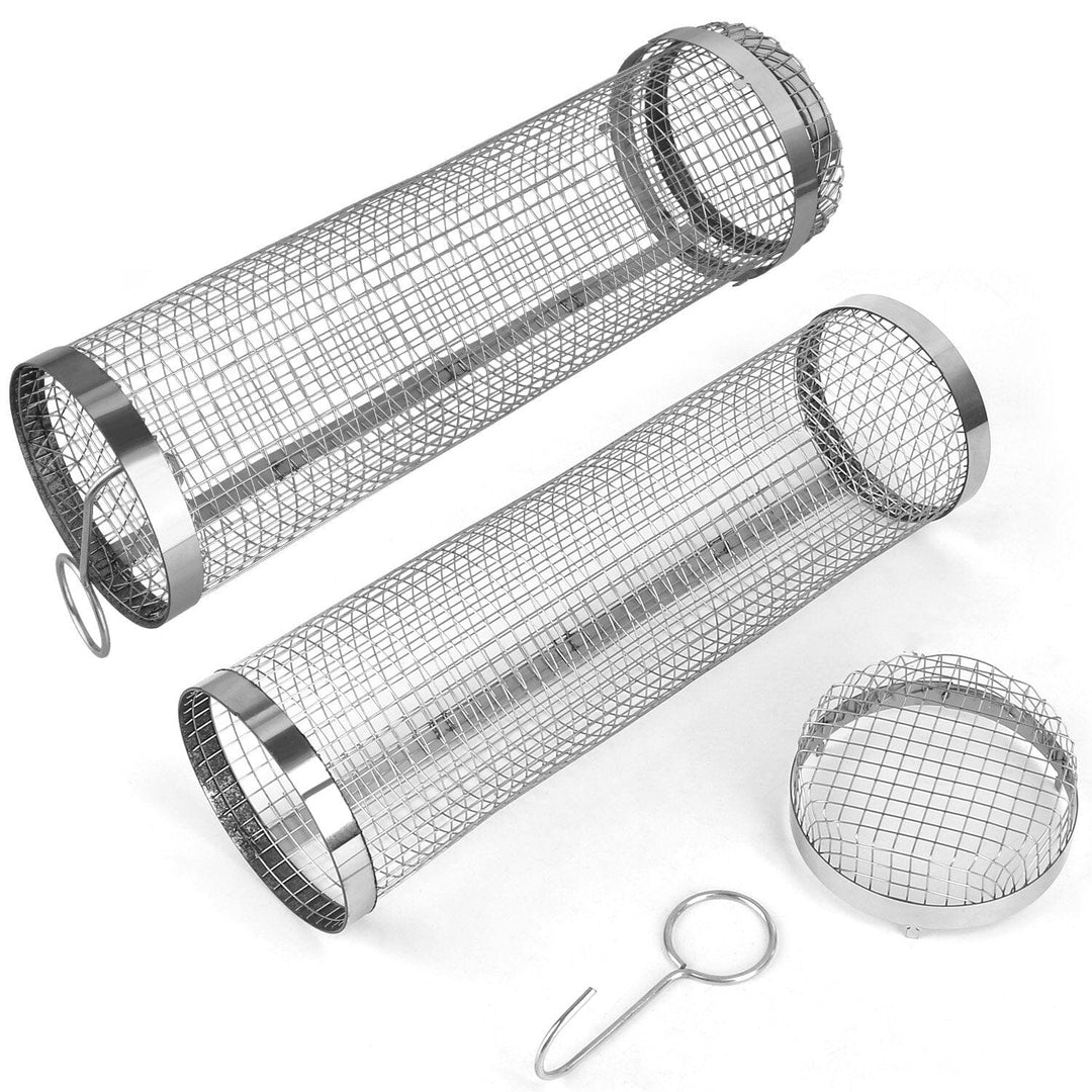 Lisslune | 2-piece: Portable BBQ Rolling Basket Round Stainless Steel Grill