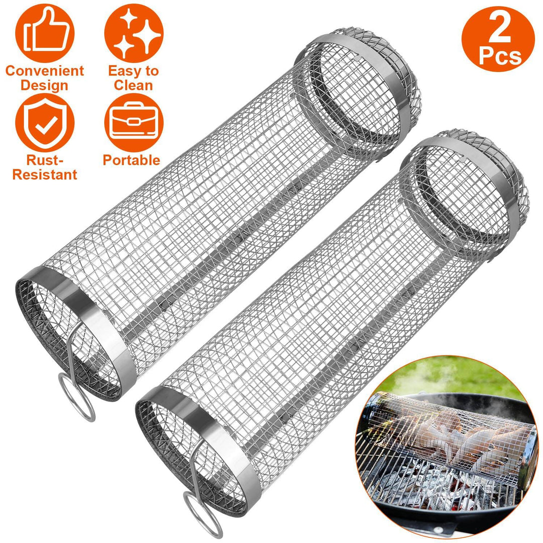 Lisslune | 2-piece: Portable BBQ Rolling Basket Round Stainless Steel Grill