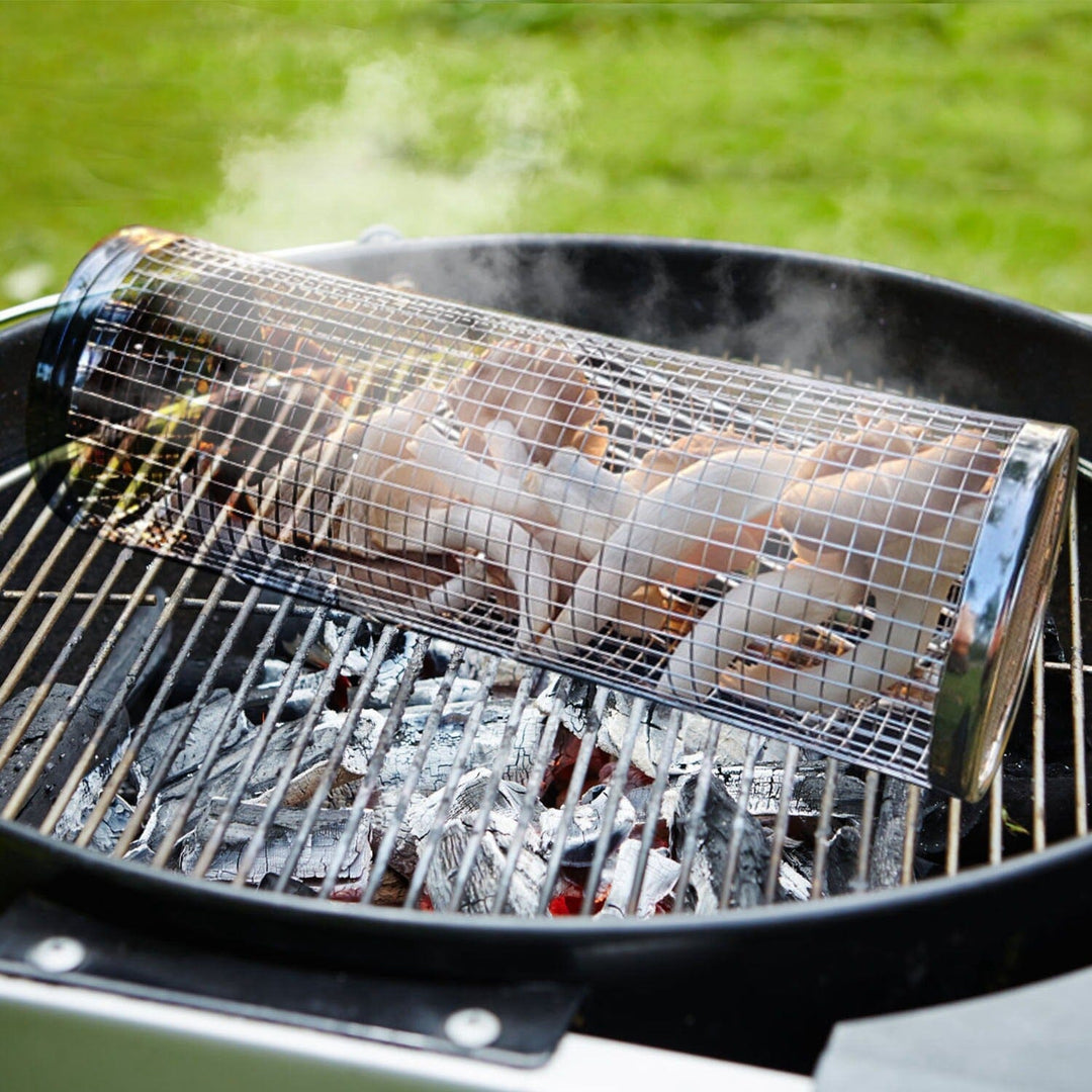 Lisslune | 2-piece: Portable BBQ Rolling Basket Round Stainless Steel Grill