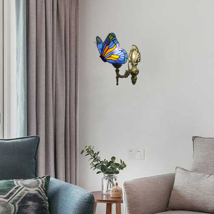 Lisslune | Butterfly Wall Light Rustic Glass 1-Light Wall Lights in Blue/Red for Hallway