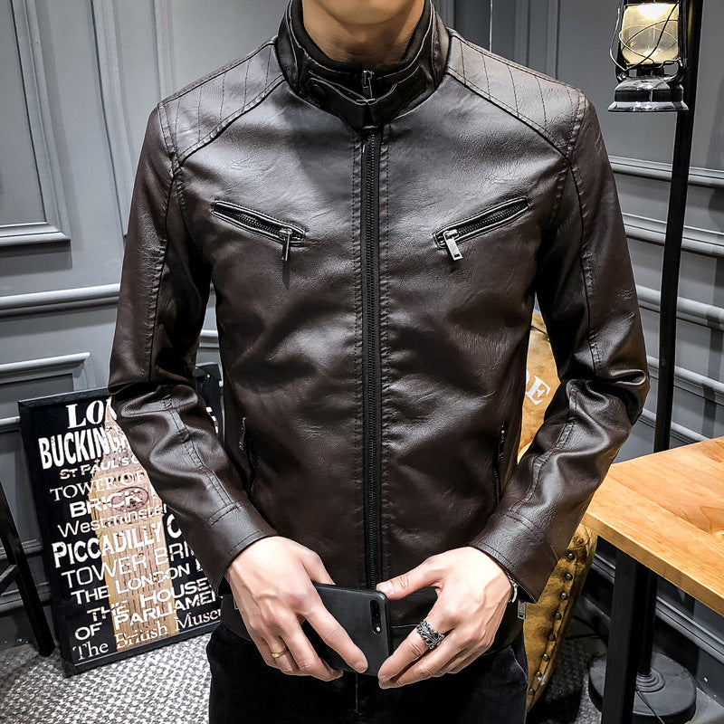 Men's Synthetic Leather Biker Jacket with Slim Fit and Practical Zip Pockets Lisslune