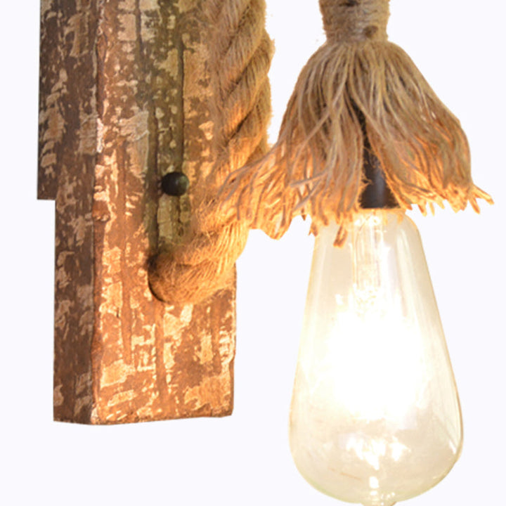 Lisslune | 1 Light Bare Bulb Wall Lamp Fixture Warehouse Beige Jute Rope Wall Mounted Light with Wooden Back Plate