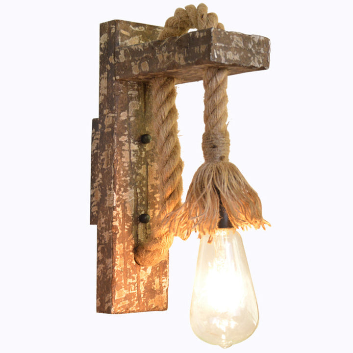 Lisslune | 1 Light Bare Bulb Wall Lamp Fixture Warehouse Beige Jute Rope Wall Mounted Light with Wooden Back Plate