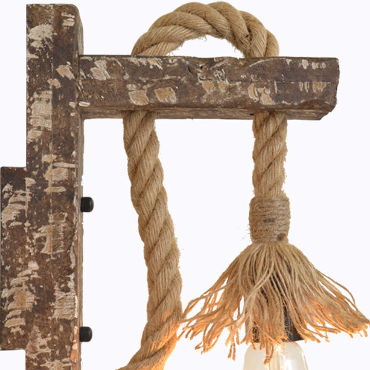 Lisslune | 1 Light Bare Bulb Wall Lamp Fixture Warehouse Beige Jute Rope Wall Mounted Light with Wooden Back Plate