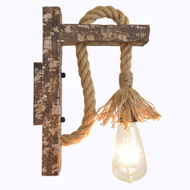 Lisslune | 1 Light Bare Bulb Wall Lamp Fixture Warehouse Beige Jute Rope Wall Mounted Light with Wooden Back Plate