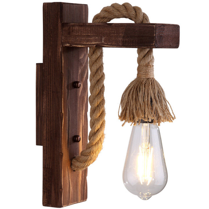 Lisslune | Brown L-shaped wall-mounted lighting Rustic wood 1 light dining room wall light with hemp rope cable