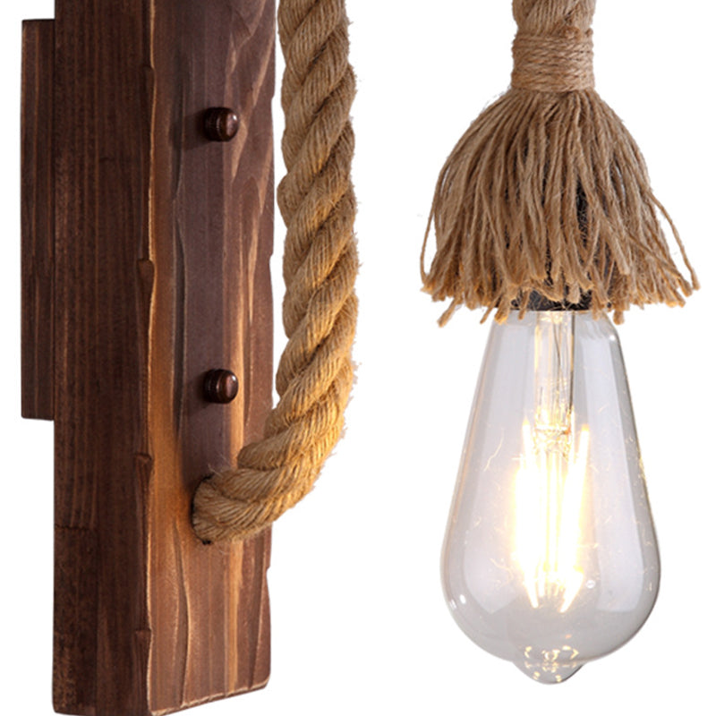Lisslune | Brown L-shaped wall-mounted lighting Rustic wood 1 light dining room wall light with hemp rope cable