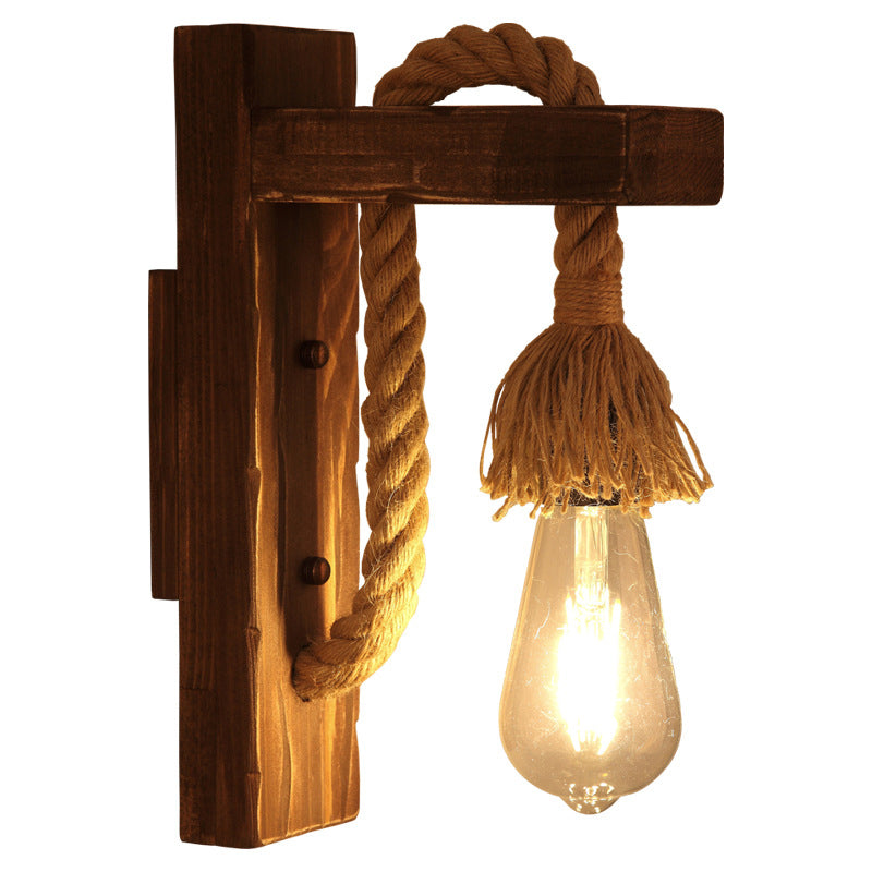 Lisslune | Brown L-shaped wall-mounted lighting Rustic wood 1 light dining room wall light with hemp rope cable