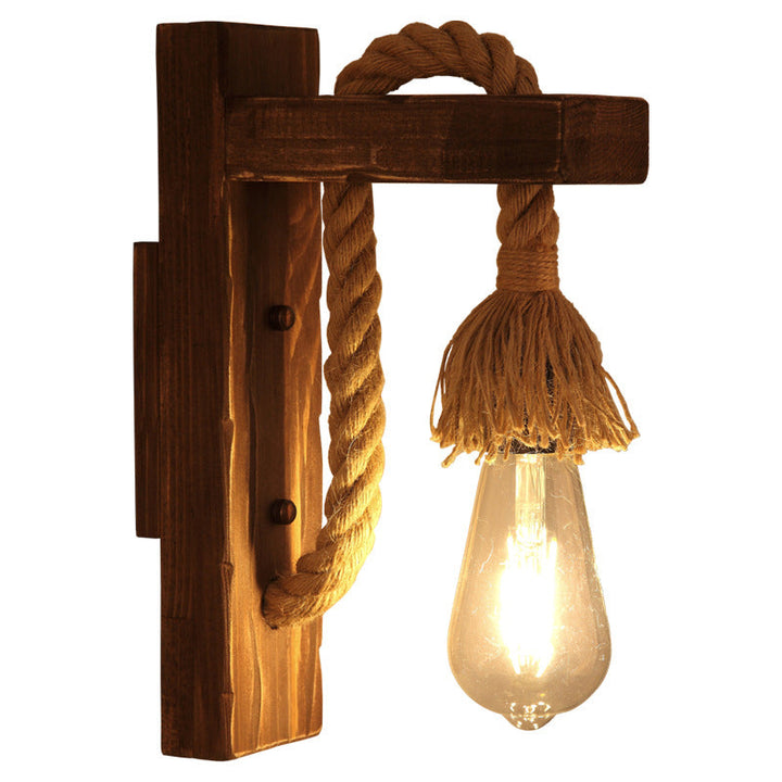 Lisslune | Brown L-shaped wall-mounted lighting Rustic wood 1 light dining room wall light with hemp rope cable