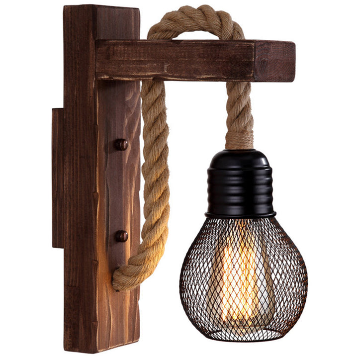 Lisslune | Brown L-shaped wall-mounted lighting Rustic wood 1 light dining room wall light with hemp rope cable