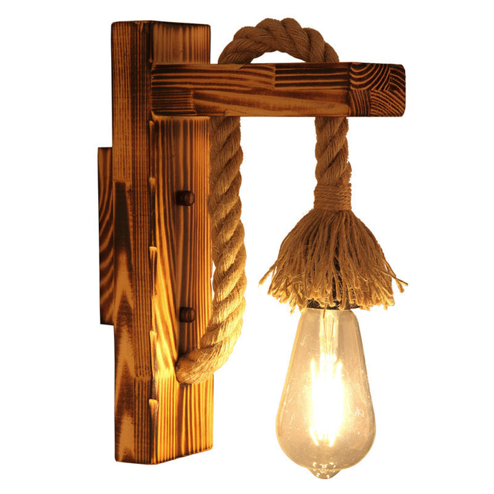 Lisslune | 1-Bulb Wood Wall Mounted Lighting Industrial Brown Rectangular Hall Rope Wall Light Set